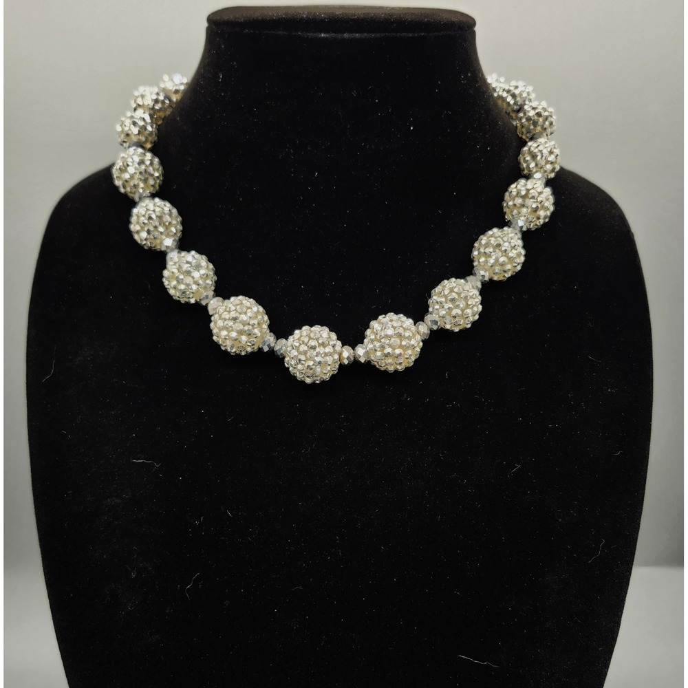 Silver Rhinestone Pavé Choker Necklace Crystal Beaded Magnetic Clasp Statement